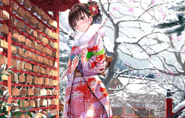Картинка небо, девушка, снег, улыбка, храм, кимоно, anime, art