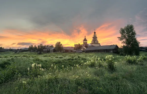 Лето, утро, деревня, церковь, Архангельская область, Кимжа