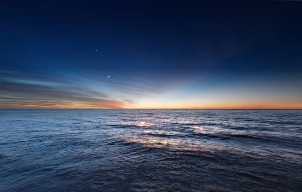 Картинка небо, океан, рассвет, Юпитер, Венера