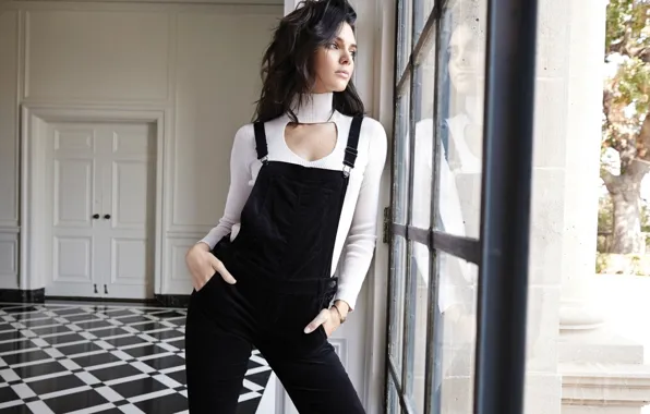 Girl, brunette, cute, jumpsuit