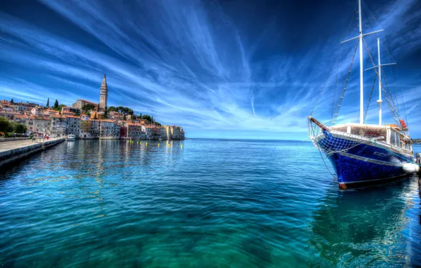 Море, небо, побережье, HDR, дома, яхта, горизонт, Хорватия