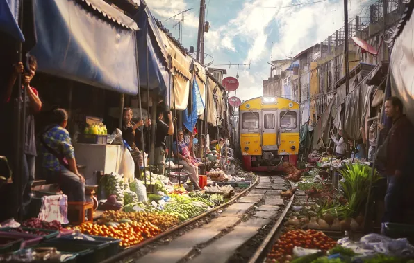 Картинка город, люди, поезд, Таиланд, Бангкок, рынок