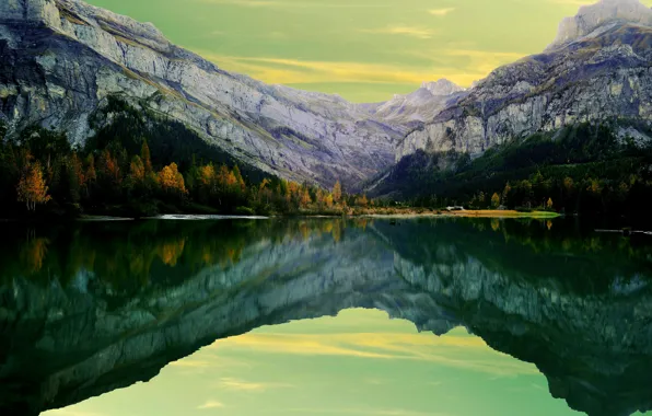 Осень, деревья, горы, озеро, отражение