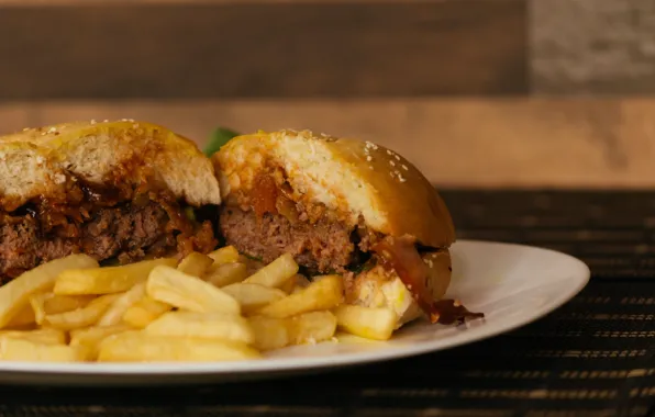 Hamburger, sauce, french fries