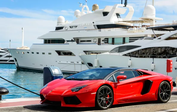 Яхта, Red, Aventador, Ламборгини Авентадор, Sportcar, Lamboghini