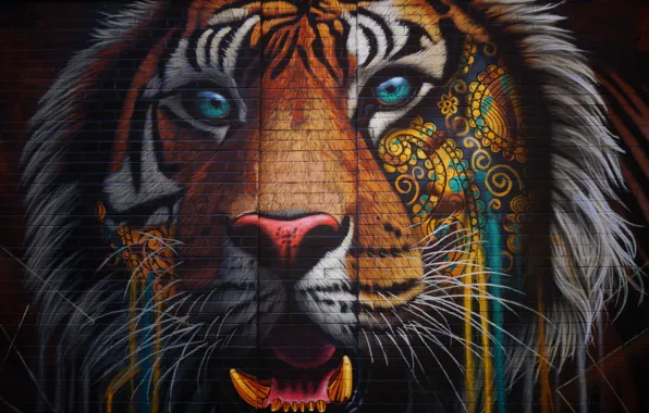 Картинка colorful, wall, Tiger, texture, bricks, animal, artwork, wild cat