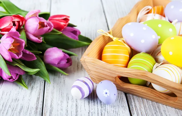 Цветы, яйца, colorful, Пасха, тюльпаны, happy, wood, pink