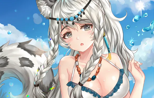 Girl, sexy, wet, cleavage, sky, long hair, boobs, animal ears