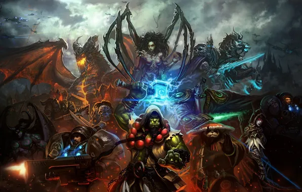 Картинка оружие, корабли, арт, панда, starcraft, World of Warcraft, орк, персонажи