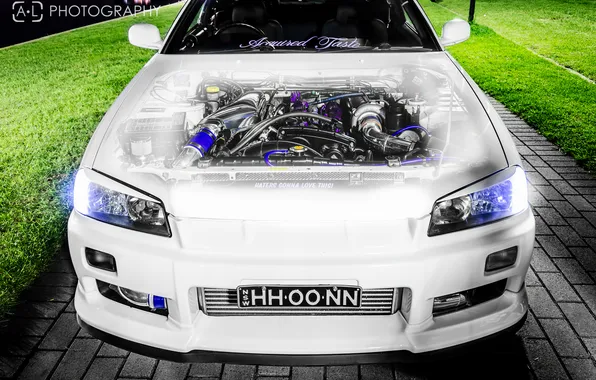 Белый, тюнинг, капот, ниссан, передок, Nissan Skyline, R34