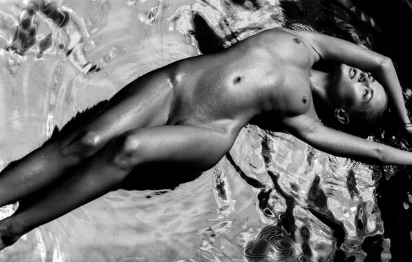 Black&white, girl, wet, breast, water, nude, drops, nippels