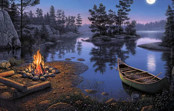 Картинка ночь, отражение, река, отдых, луна, романтика, лодка, картина