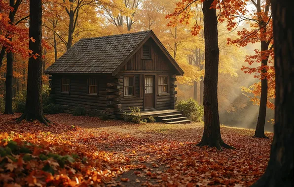 Осень, лес, листья, дом, хижина, forest, autumn, leaves