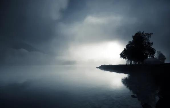 Картинка вода, деревья, туман, озеро, камни, холмы, сумрак, черно-белое