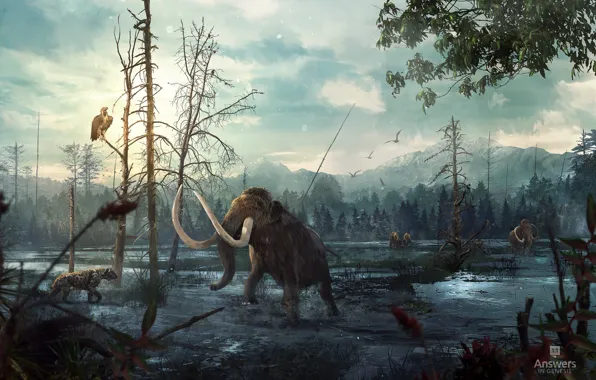 Картинка лес, горы, животное, болото, Tar Pit