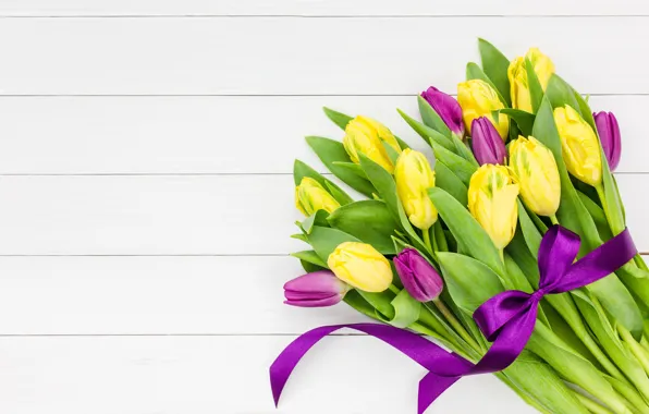 Картинка цветы, букет, желтые, фиолетовые, лента, тюльпаны, yellow, flowers