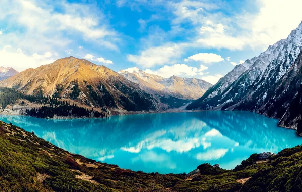 Картинка лес, небо, горы, озеро, отражение, красиво, Казахстан, Большое Алматинское озеро
