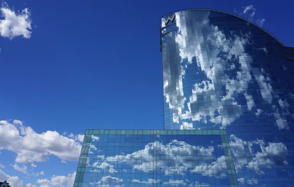 Картинка небо, облака, отражение, здание, Испания, Барселона, Barcelona, Spain