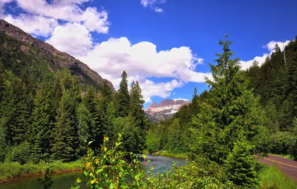 Дорога, лес, небо, горы, река, сша, glacier national park, montana