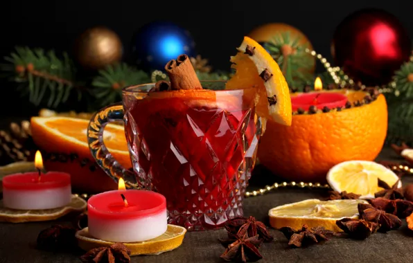 Картинка зима, ветки, лимон, игрушки, апельсин, свечи, Новый Год, Рождество