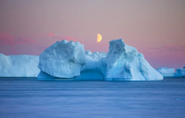 Moon, twilight, sea, evening, dusk, iceberg