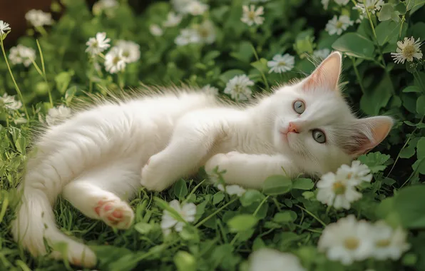Зелень, кошка, белый, лето, взгляд, цветы, поза, котенок