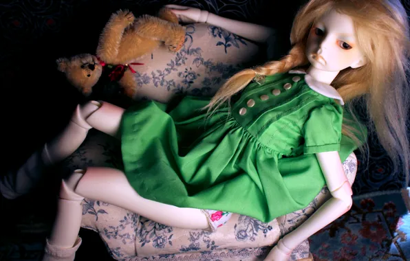 Кресло, кукла, платье, мишка, рыжие волосы, doll, BJD, зеденое платье