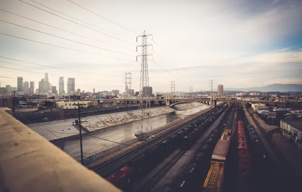 USA, United States, skyline, Los Angeles, California, view, train, railway