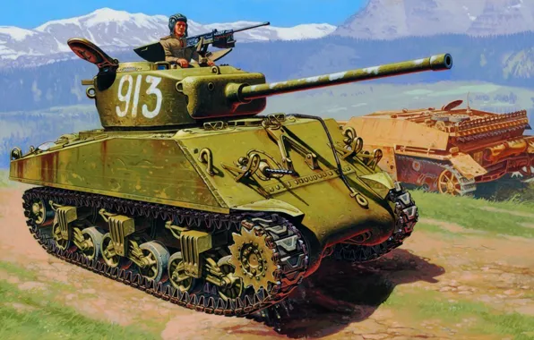War, art, painting, tank, ww2, M4A2 76MM &ampquot;wet&ampquot; Sherman