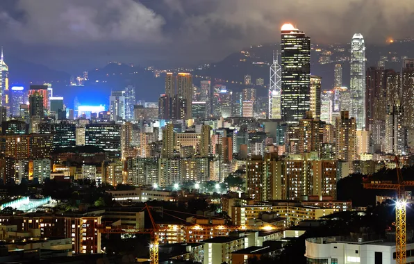 Свет, ночь, город, огни, здания, дома, Гонконг, небоскребы