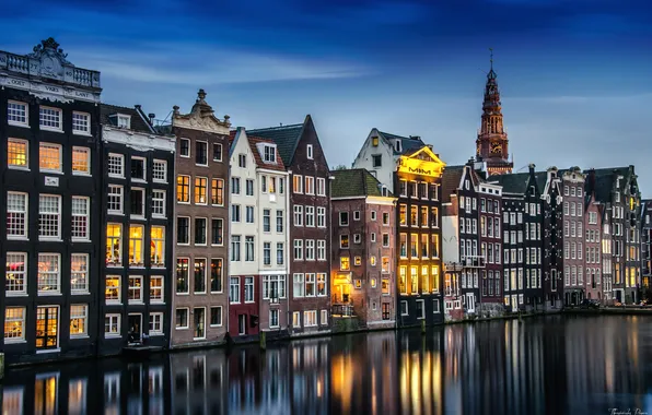 Вода, огни, дома, выдержка, Амстердам, канал, Нидерланды