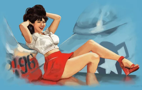 Девушка, поза, улыбка, эмоции, арт, Pinup