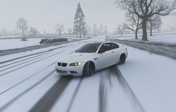 Bmw, white, drift, road, winter, snow, e92, horizon