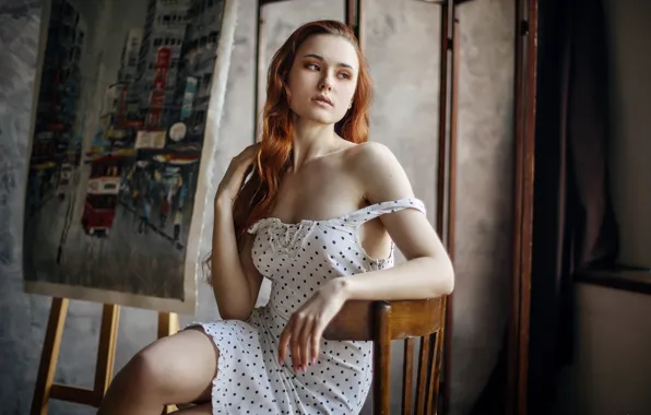 Dress, model, chair, women, redhead, white dress, polka dots, Maksim Chuprin