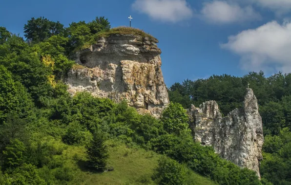 Картинка пейзаж, природа, скала, крест, Германия, Бавария