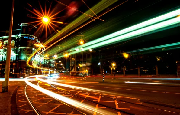 Ночь, движение, выдержка, Амстердам, Нидерланды, night, Amsterdam, traffic