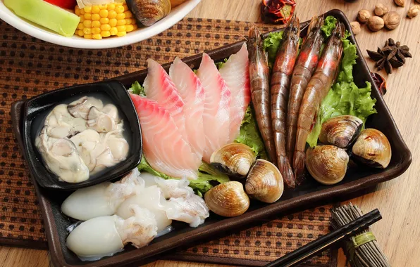 Рыба, креветки, морепродукты, японская кухня, блюда, кальмары, бадьян, ассорти