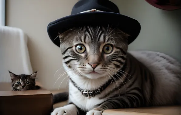 Кошка, кот, взгляд, поза, котенок, шляпа, мордашка, ИИ-арт