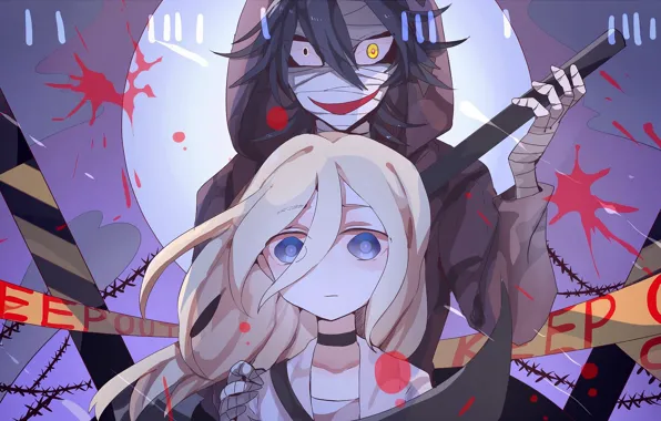 Девушка, улыбка, ленты, арт, парень, Ангел кровопролития, Satsuriku no Tenshi