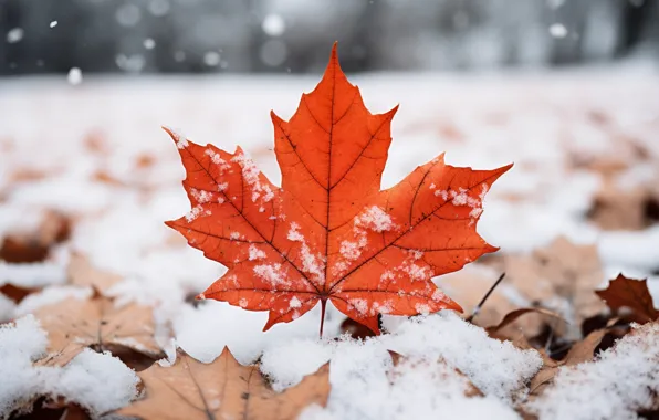 Картинка зима, осень, листья, снег, фон, клен, close-up, winter