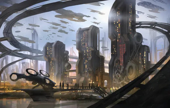 Город, будущее, фантастика, небоскребы, spaceships