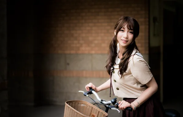 Картинка взгляд, девушка, велосипед, волосы, азиатка, боке