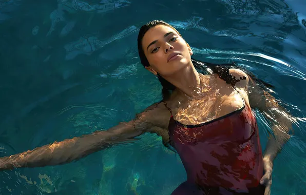 Взгляд, вода, девушка, свет, модель, мокрая, бассейн, Kendall Jenner