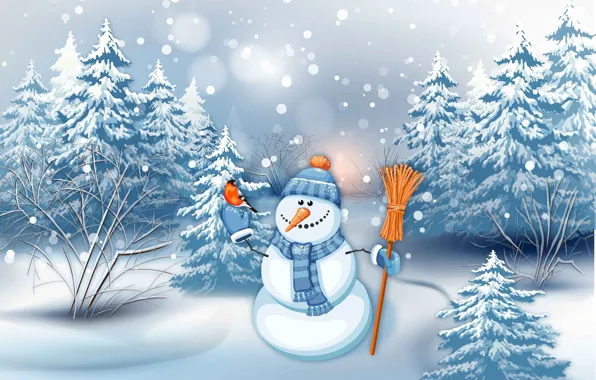 Картинка зима, лес, снег, праздник, шапка, рисунок, графика, новый год