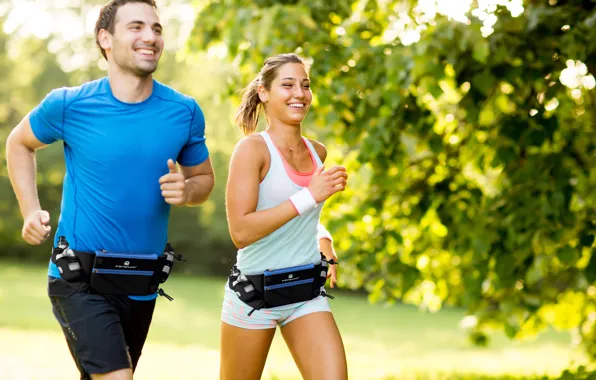 Couple, laughing, running, physical activity