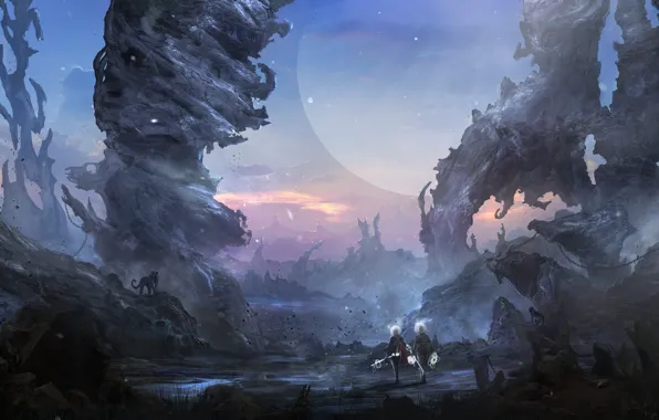 Скалы, ландшафт, планета, существа, зверь, цепи, rise of the planet