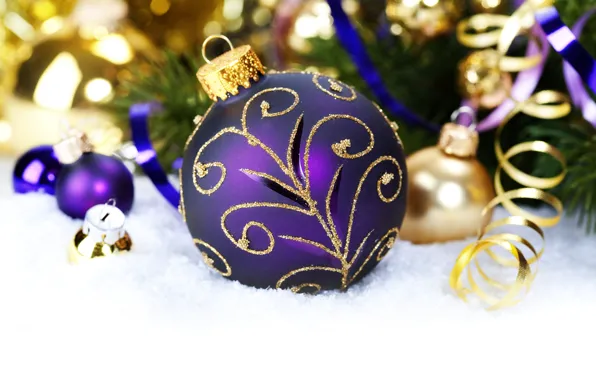 Картинка фиолетовый, снег, узоры, игрушки, шар, шарик, Новый Год, Рождество