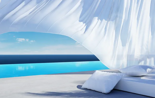 Картинка вода, кровать, тень, подушки, ткань