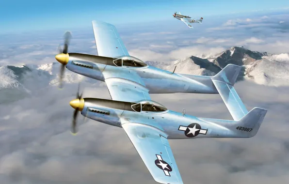 Небо, облака, рисунок, арт, истребители, P-51, самолёты, WW2