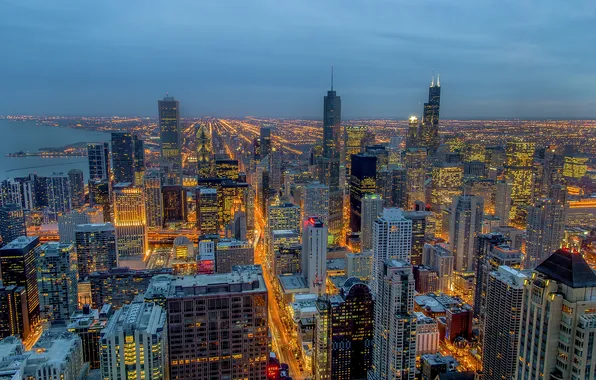 Картинка город, огни, небоскребы, вечер, Чикаго, панорамма, штат Иллиноис